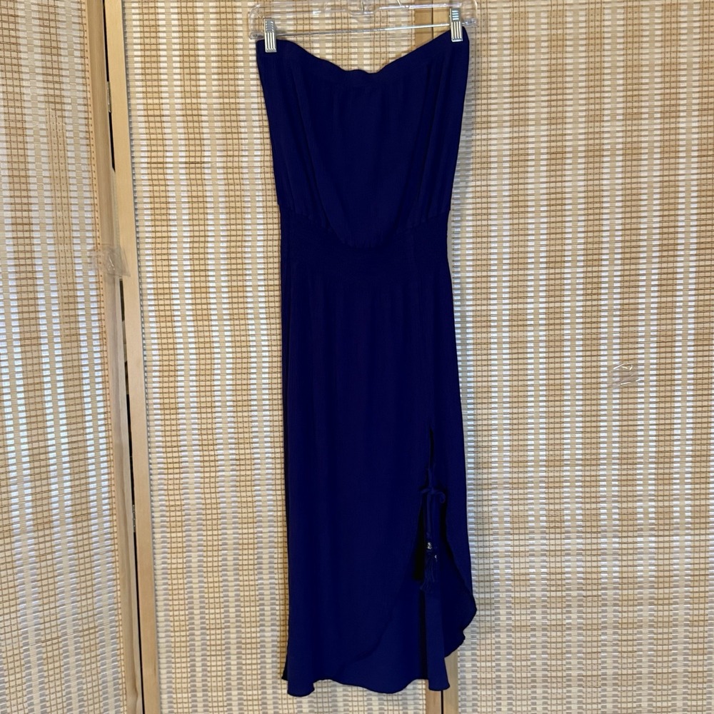 BECCA Womens M Halter Dress Navy Crinkle Tassels Resort Casual Beach Boho Hippie